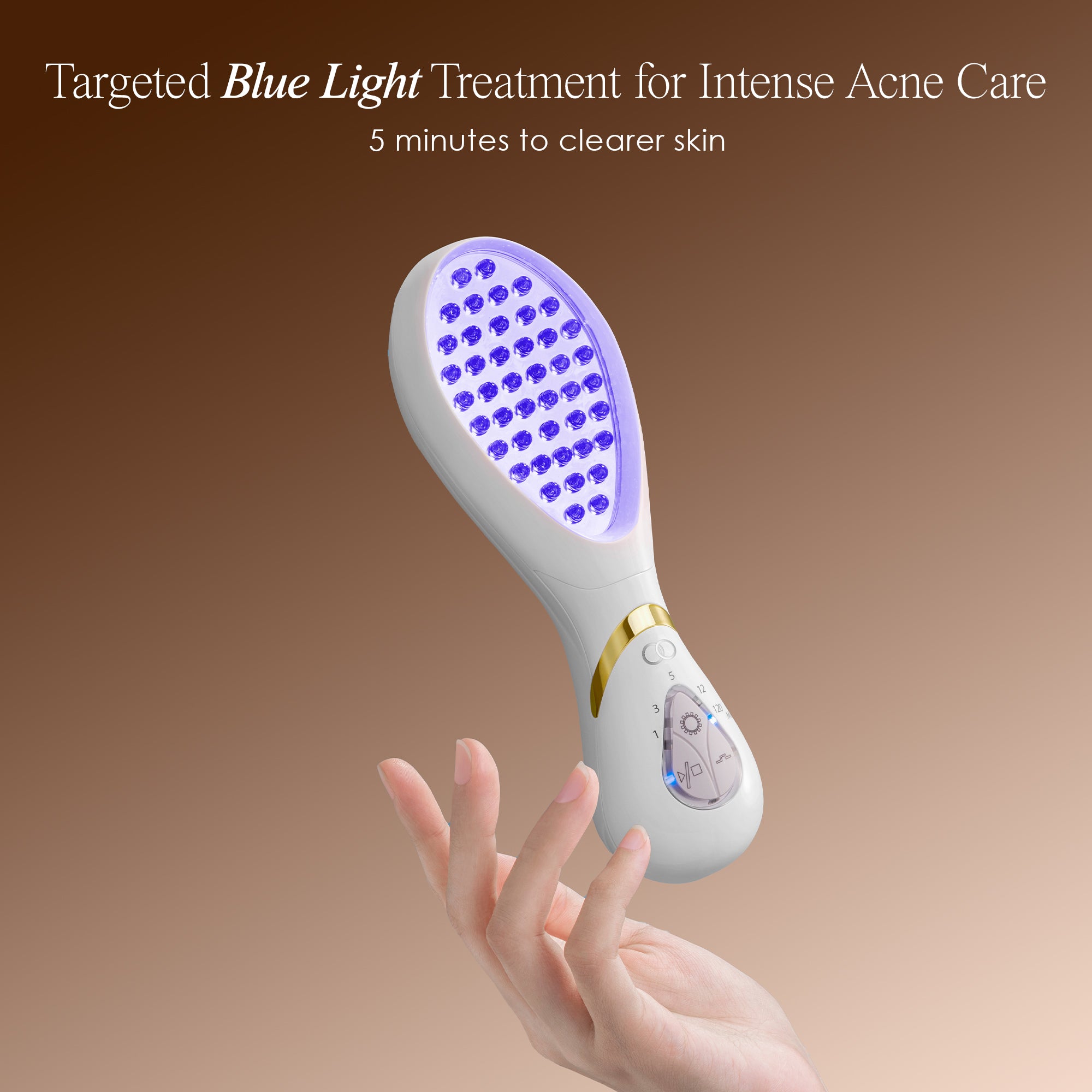 LumaGlow anti-acne wand showing the blue LED wand lit up with model’s hand